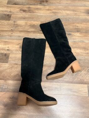 UGG Black Suede Knee-High Block Heel Boots with Tan Heel